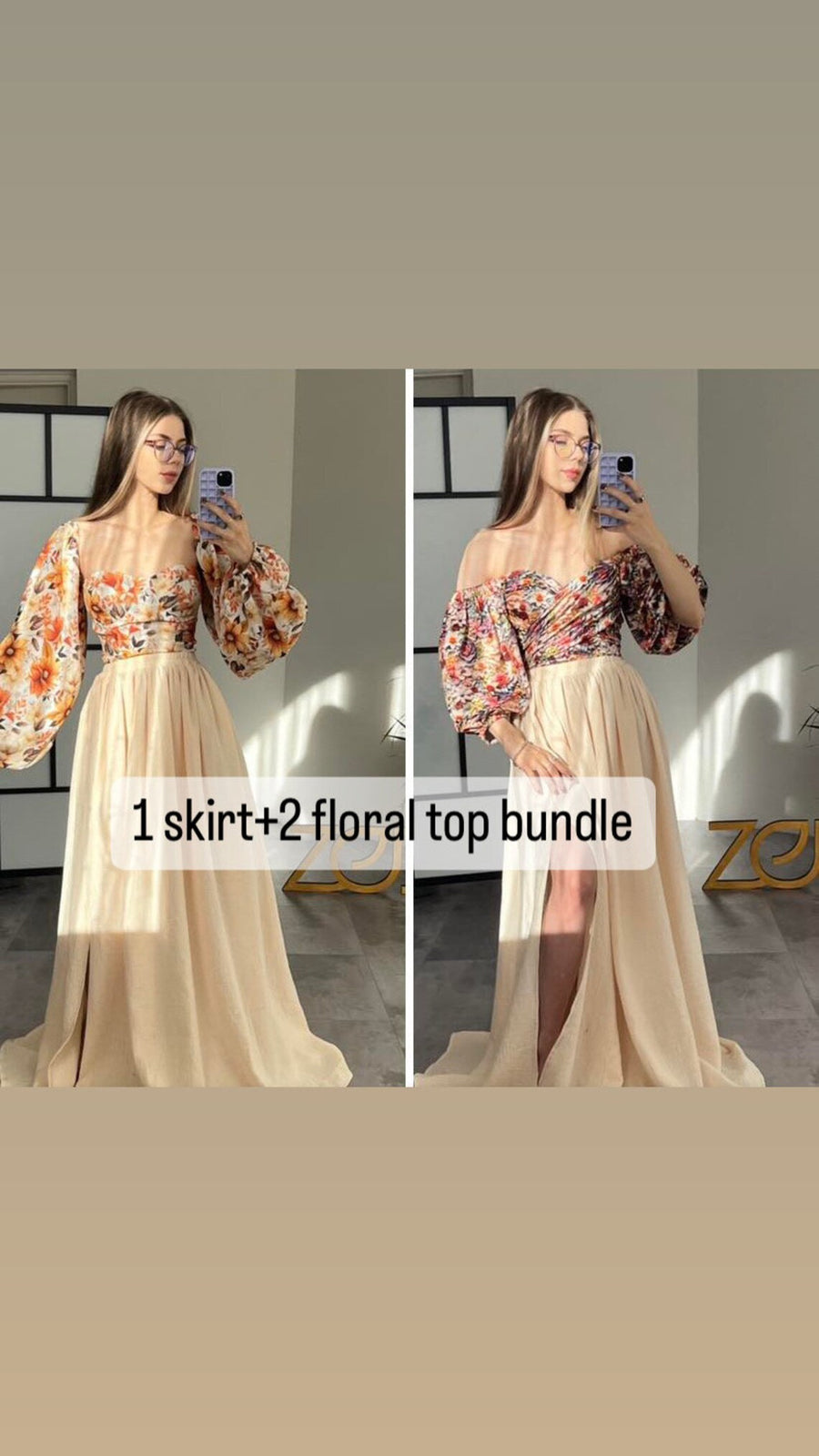 Limited offer 2 Floral tops+ 1 Beige Skirt for Photoshoot