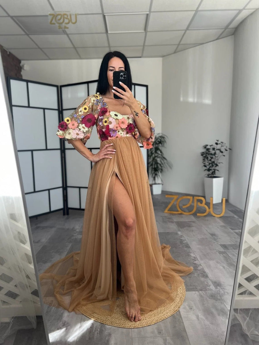 Alice Floral top and Soft Mesh Tulle Skirt Unique Maternity Photoshoot Dress - Pregnancy - maternity clothes - ZeBu Be You