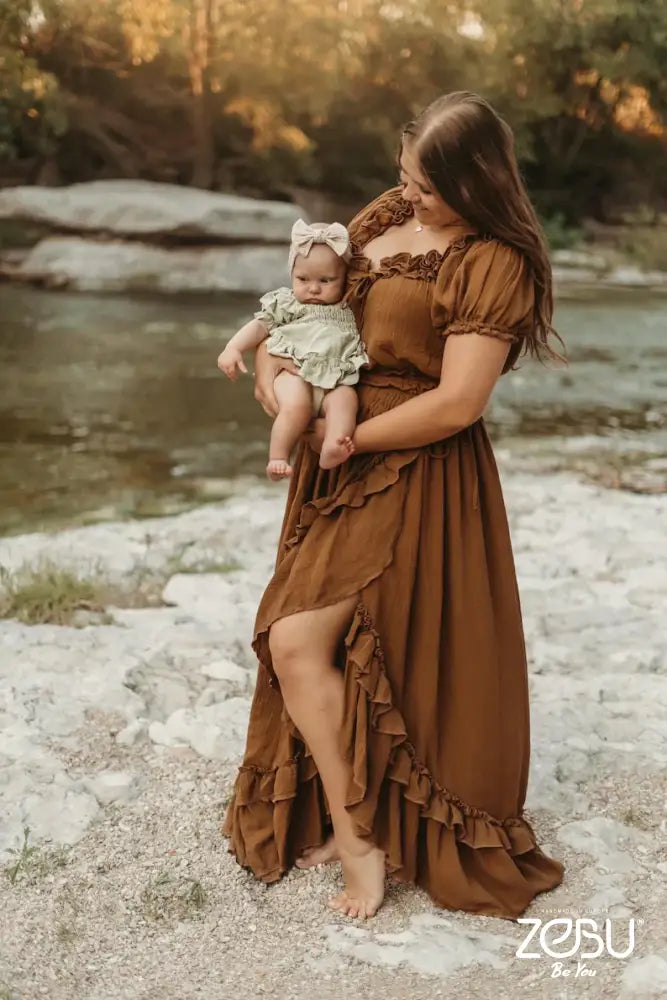 Blossom Two Piece Gauze Maternity Photoshoot Dress Xs-M / Dark Camel - Pictured Gowns