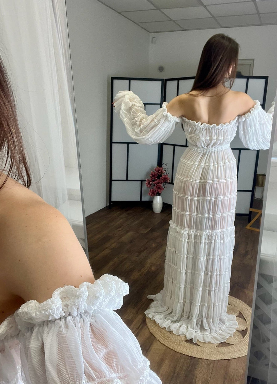 Cloudy - Maternity Soft Chiffon Unique Boho Dresses - VIP Plus Size / White Cloudy - Maternity Soft Chiffon Unique Boho Dresses - VIP Plus Size / White