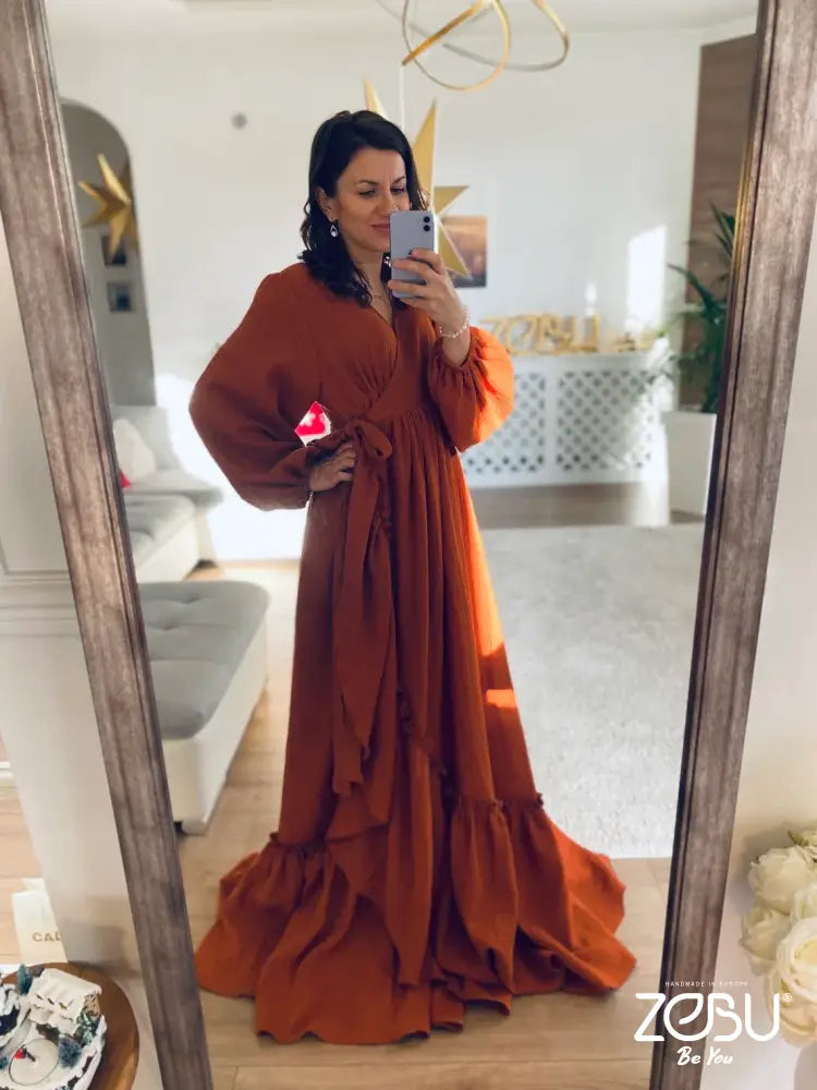 Crystal Maternity Gauze Unique Boho Dresses Xs-M / Rust - Pictured