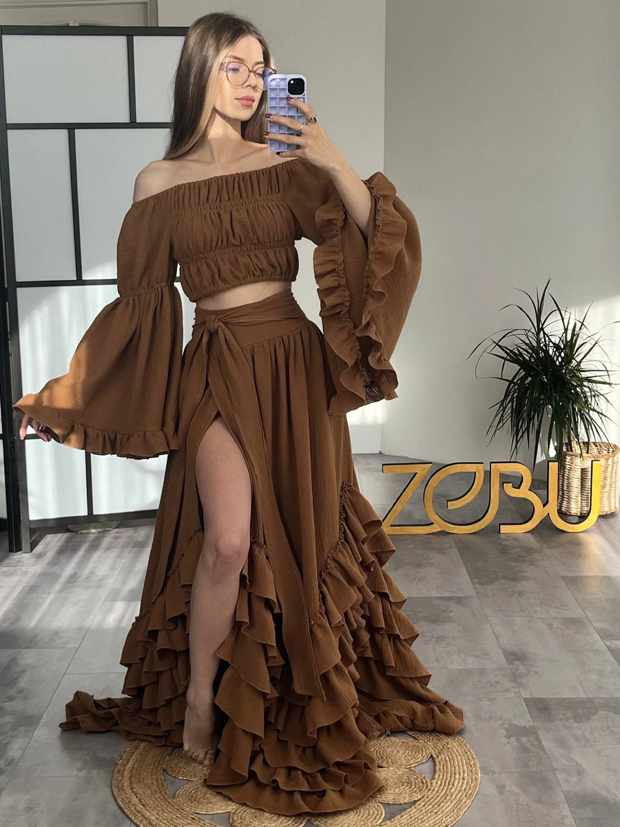 Elyna Maternity Gauze Two Piece Boho Dresses M-XL / Chocolate Elyna Maternity Gauze Two Piece Boho Dresses M-XL / Chocolate