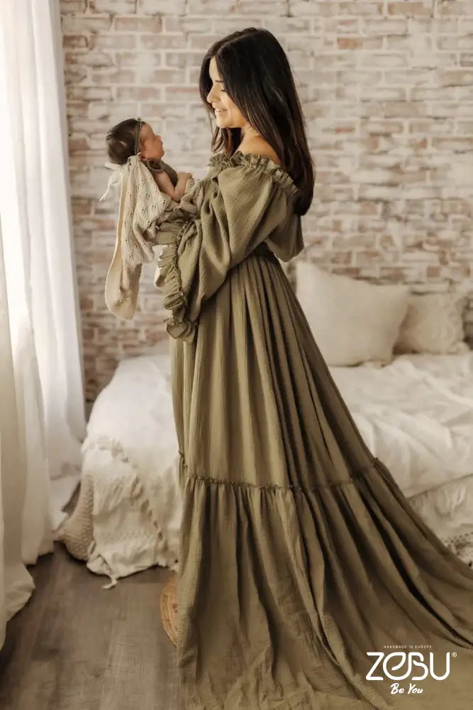 Harmony Maternity Gauze Unique Boho Dresses Xs-M / Camo Green - Pictured