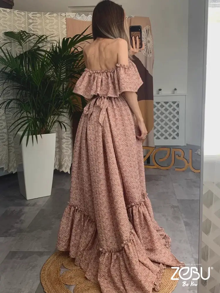 Inner Light Crinkled Brown Floral Fabric Two Piece Linen Maternity Dress Gowns