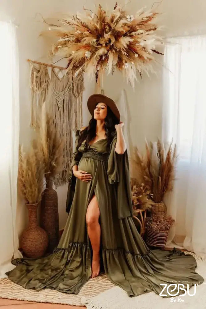 Jameela Maternity Silk Unique Boho Dresses Xs-M / Moss Green - Pictured