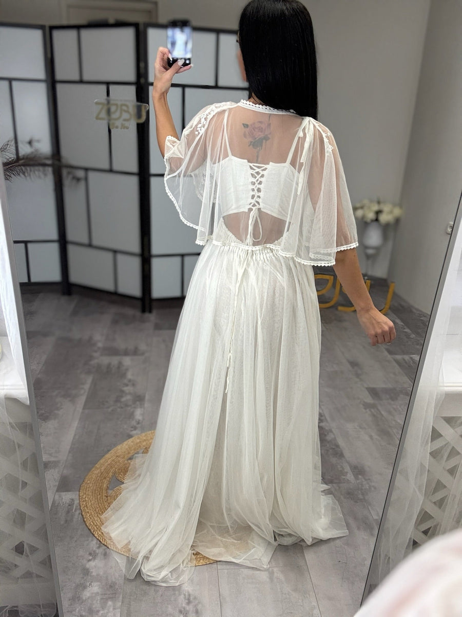 Jasmine | Tulle corset dress with linen lining and lace poncho - RTS Jasmine | Tulle corset dress with linen lining and lace poncho - RTS