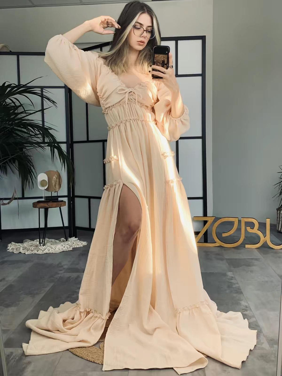 Lauren Maternity Gauze Unique Boho Dresses Plus size / Beige Lauren Maternity Gauze Unique Boho Dresses Plus size / Beige