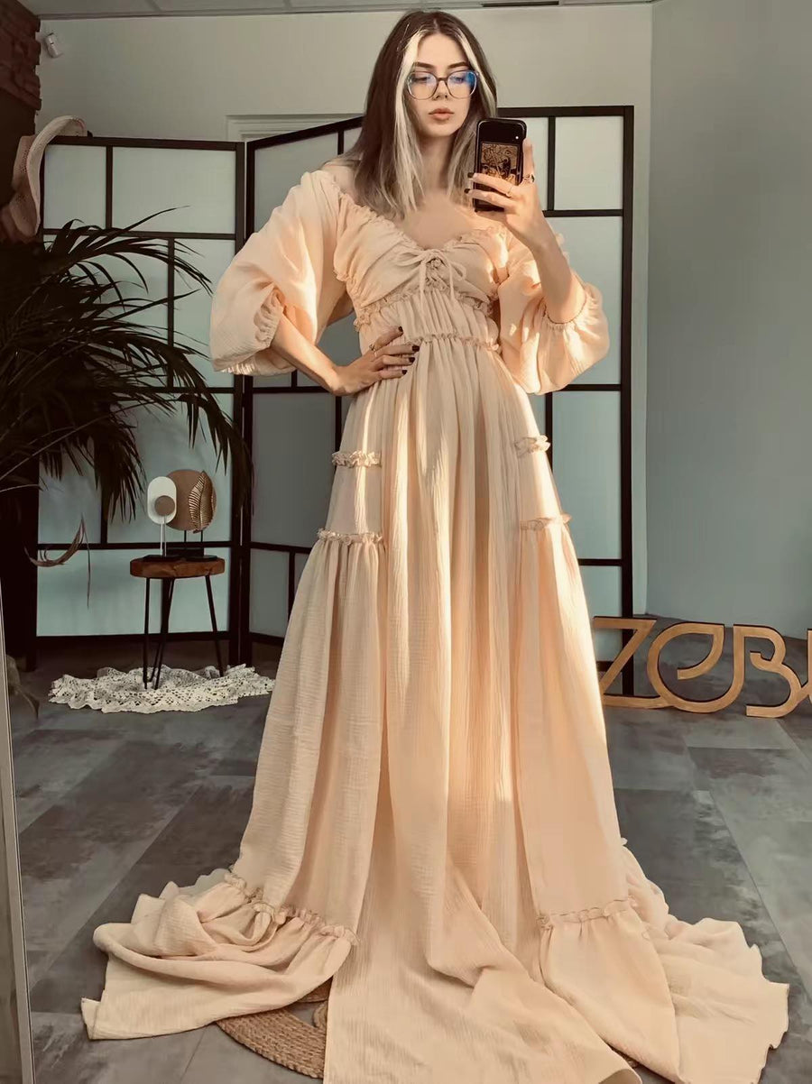 Lauren Maternity Gauze Unique Boho Dresses Plus size / Beige Lauren Maternity Gauze Unique Boho Dresses Plus size / Beige