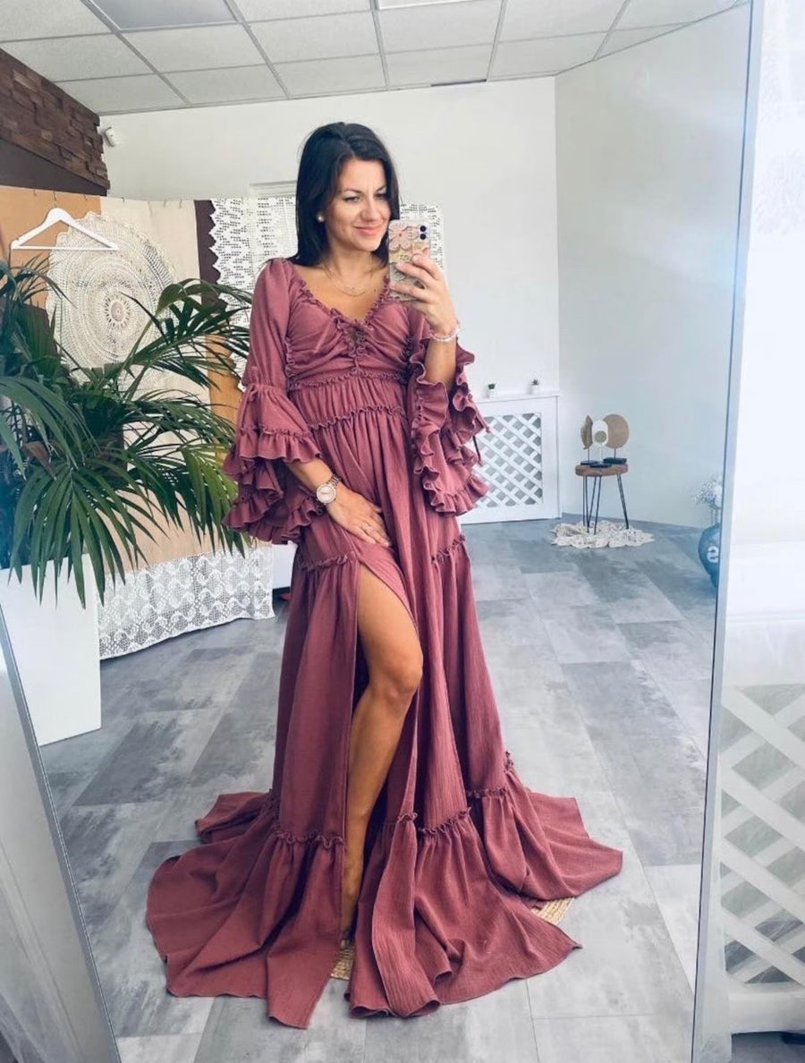 Lauren-Maternity Gauze Unique Boho Dresses with Futter Sleeve M-XL / dark mauve - Pictured Lauren-Maternity Gauze Unique Boho Dresses with Futter Sleeve M-XL / dark mauve - Pictured