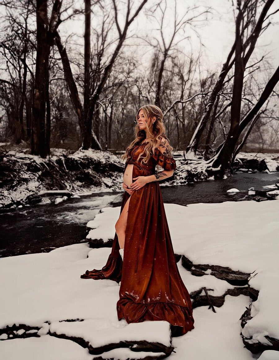 Magnolia - Maternity Silk Unique Boho Dress Plus Size / Light Hazelnut - Pictured Magnolia - Maternity Silk Unique Boho Dress Plus Size / Light Hazelnut - Pictured
