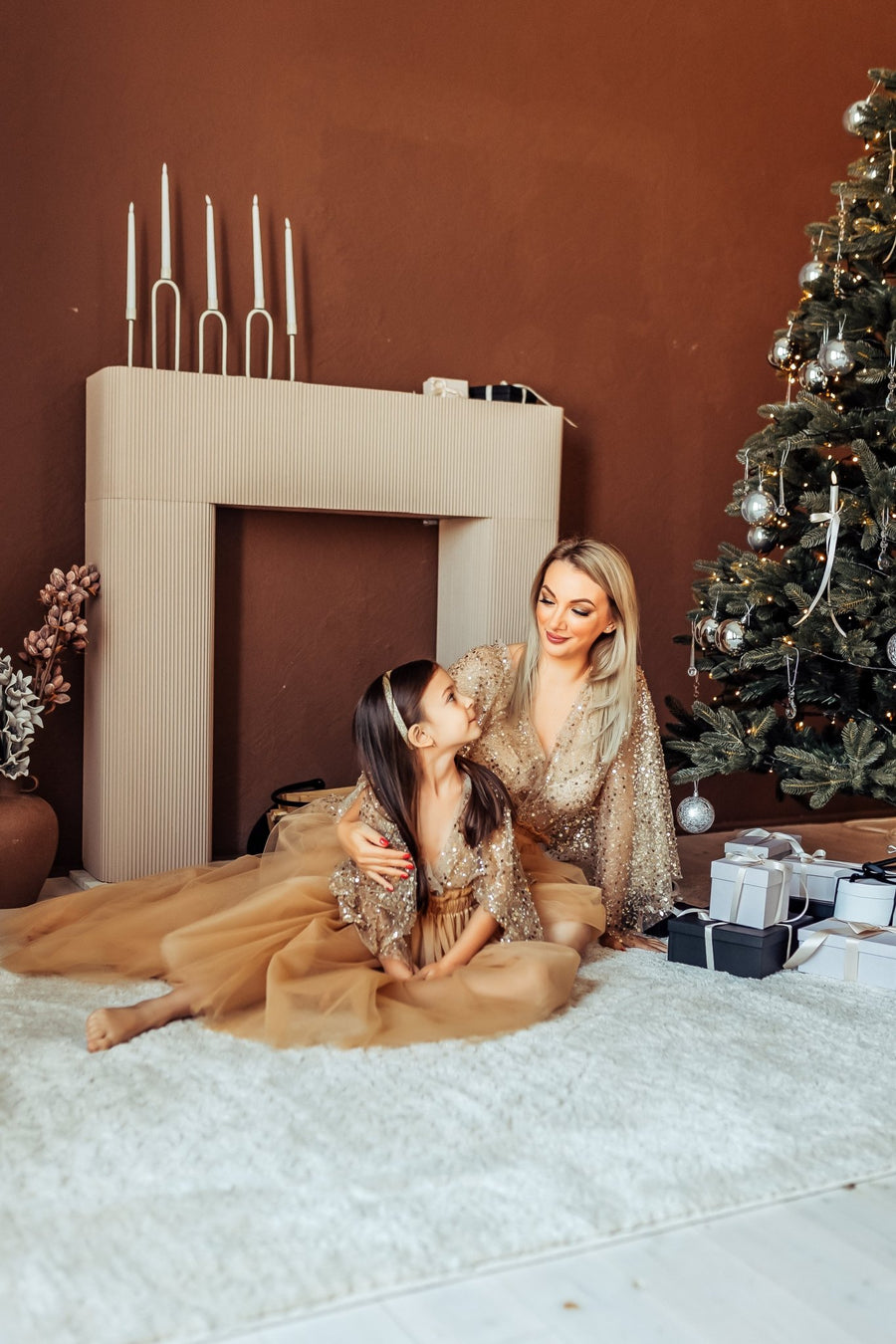 Mom&Me set - Amara Boho Mother Daughter Matching Gold Sequin Dresses, Family Holiday Outfits, Christmas Special Occasion Gowns - Pregnancy - maternity clothes - ZeBu Be You