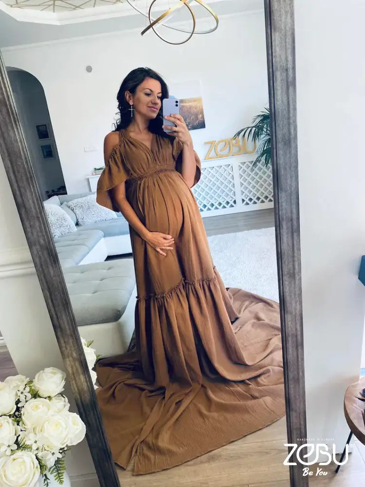 Provance Maternity Gauze Unique Boho Dresses Xs-M / Dark Camel - Pictured