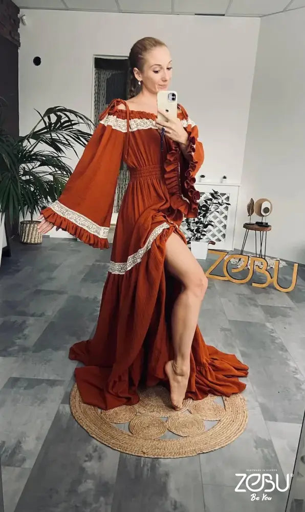 Rust Harmony With Lace Maternity Gauze Unique Boho Dresses Ready To Ship