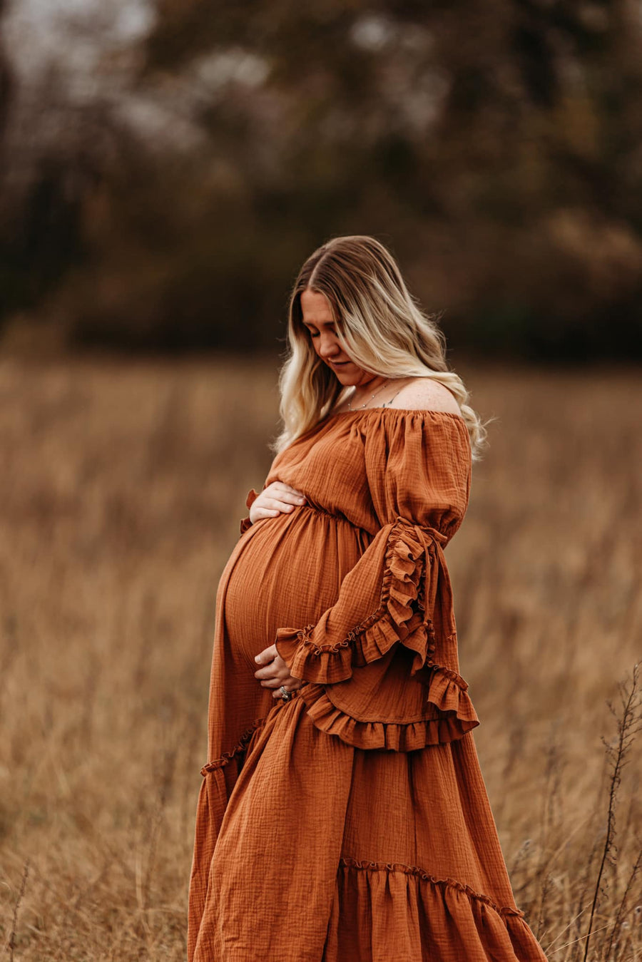 orange maternity dress Sidney Maternity Gauze Unique Boho Dresses Plus size / Dark Camel
