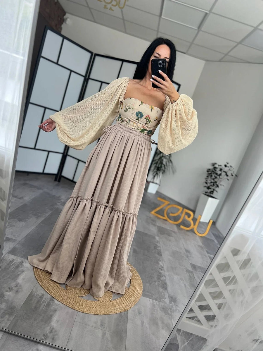 Sweetheart Organic Cotton Top and Gauze Skirt 2-Piece Maternity Dress for Photoshoot One size S-XL / Terra Sweetheart Organic Cotton Top and Gauze Skirt 2-Piece Maternity Dress for Photoshoot One size S-XL / Terra