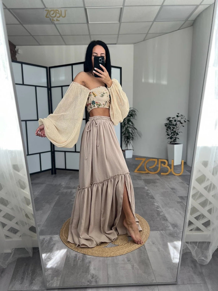 Sweetheart Organic Cotton Top and Gauze Skirt 2 - Piece Maternity Dress for Photoshoot - Pregnancy - maternity clothes - ZeBu Be You