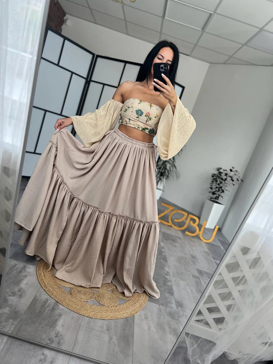 Sweetheart Organic Cotton Top and Gauze Skirt 2 - Piece Maternity Dress for Photoshoot - Pregnancy - maternity clothes - ZeBu Be You