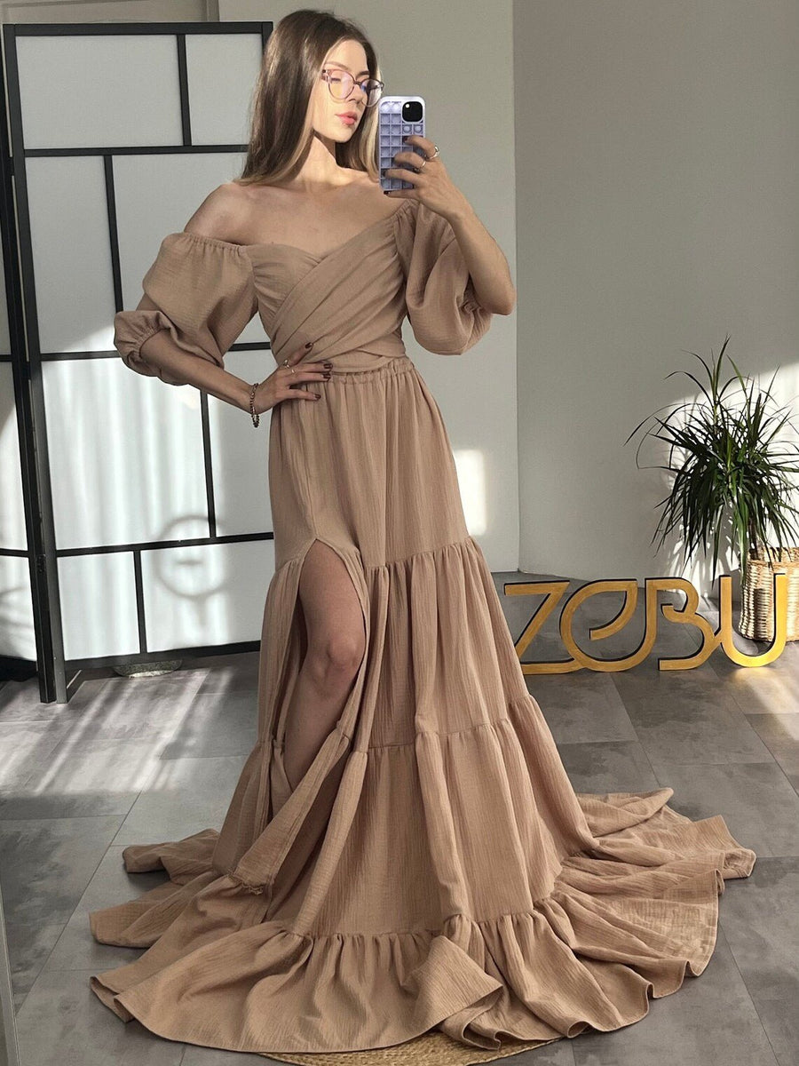 Tilda Maternity Gauze Unique Boho Dresses XS-M / light hazelnut Tilda Maternity Gauze Unique Boho Dresses XS-M / light hazelnut