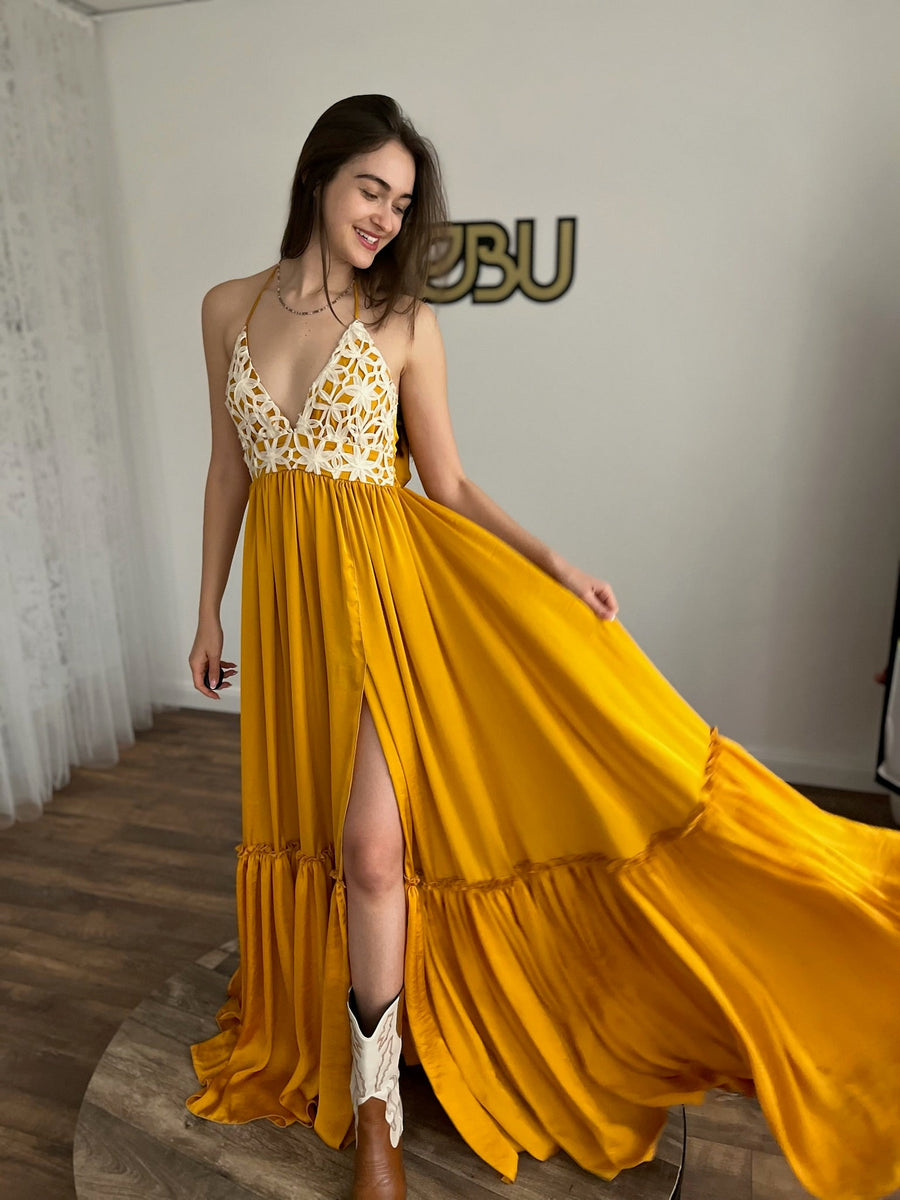 Tracey - Boho Maternity Dress with Unique Embellishment Silk Long Train S-L / Mustard Tracey - Boho Maternity Dress with Unique Embellishment Silk Long Train S-L / Mustard