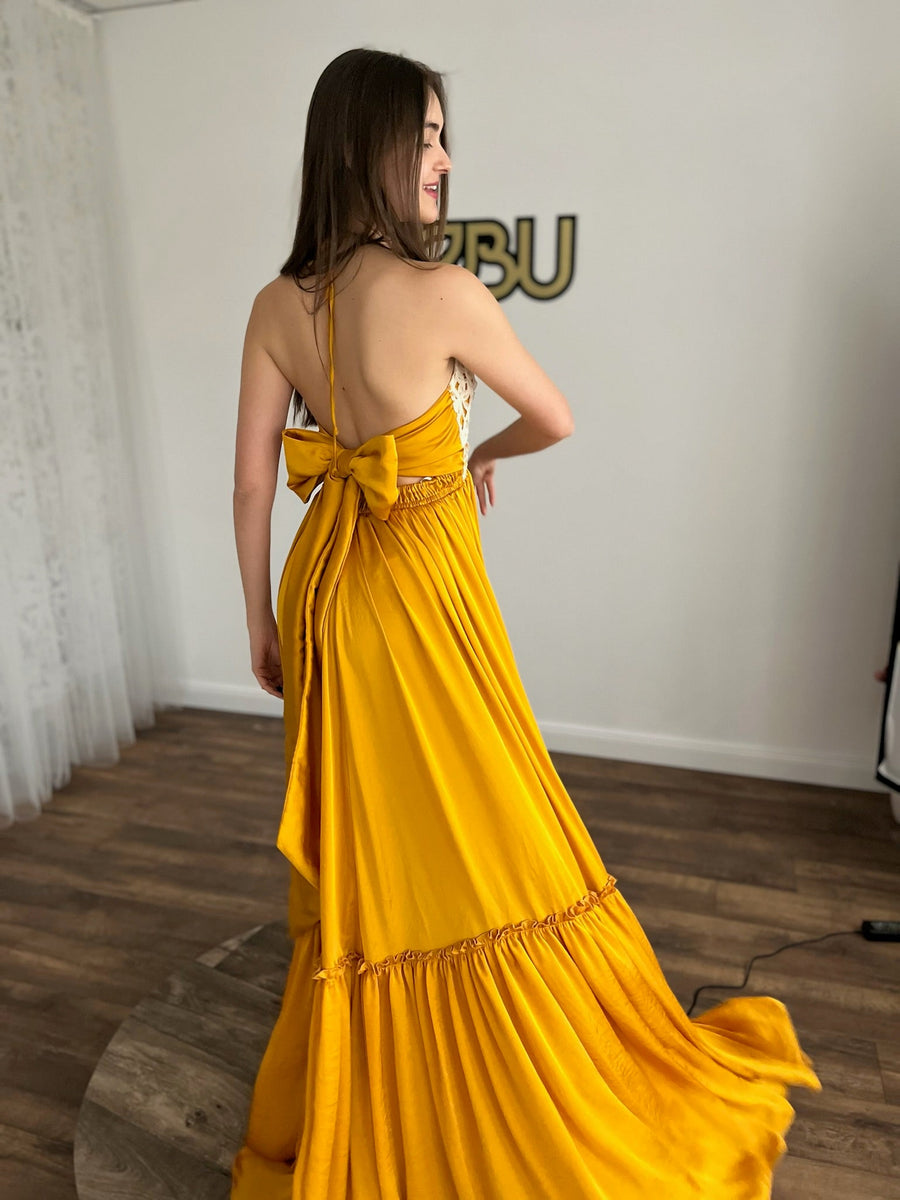 Tracey - Boho Maternity Dress with Unique Embellishment Silk Long Train S-L / Mustard Tracey - Boho Maternity Dress with Unique Embellishment Silk Long Train S-L / Mustard