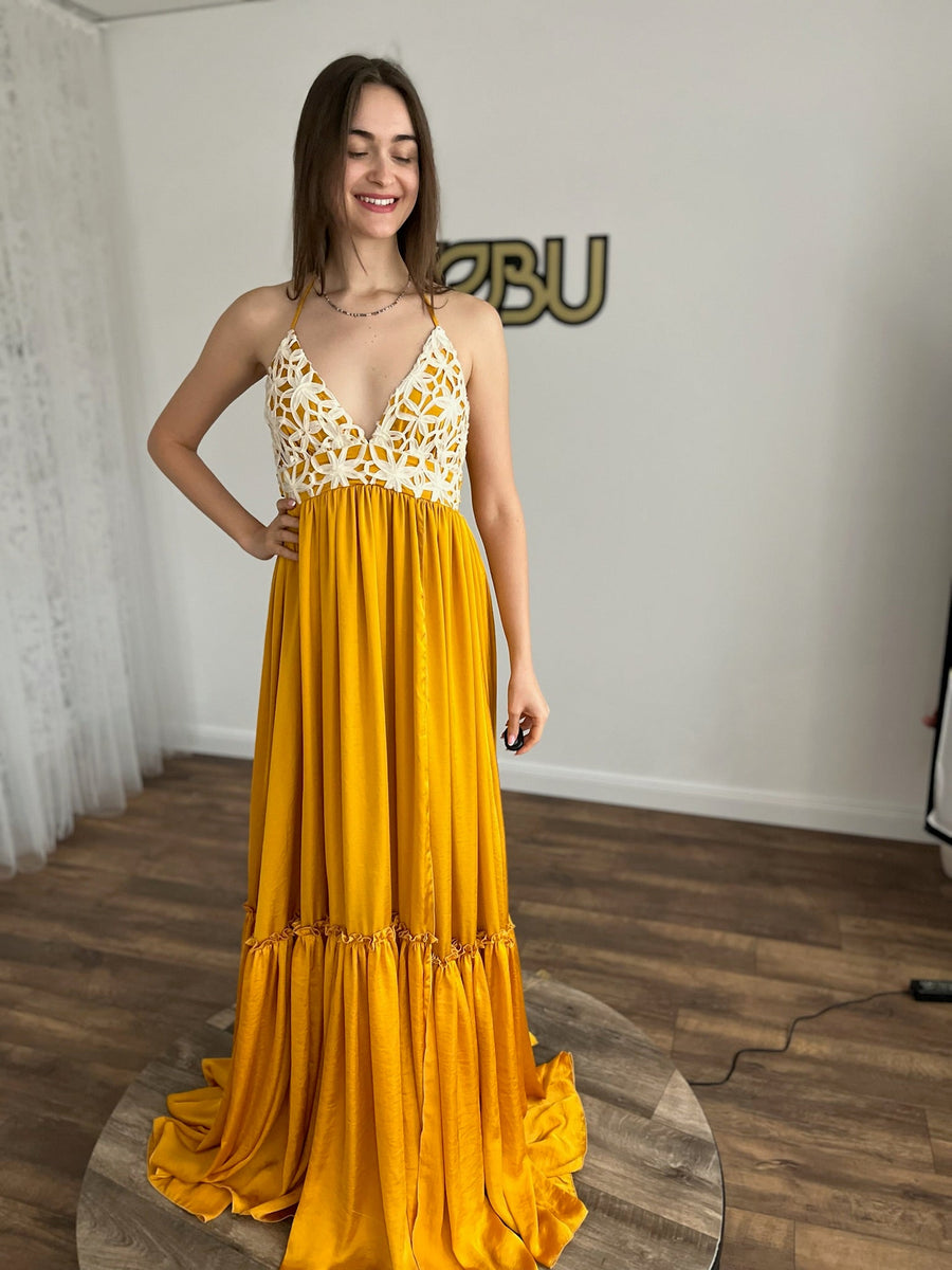Tracey - Boho Maternity Dress with Unique Embellishment Silk Long Train S-L / Mustard Tracey - Boho Maternity Dress with Unique Embellishment Silk Long Train S-L / Mustard