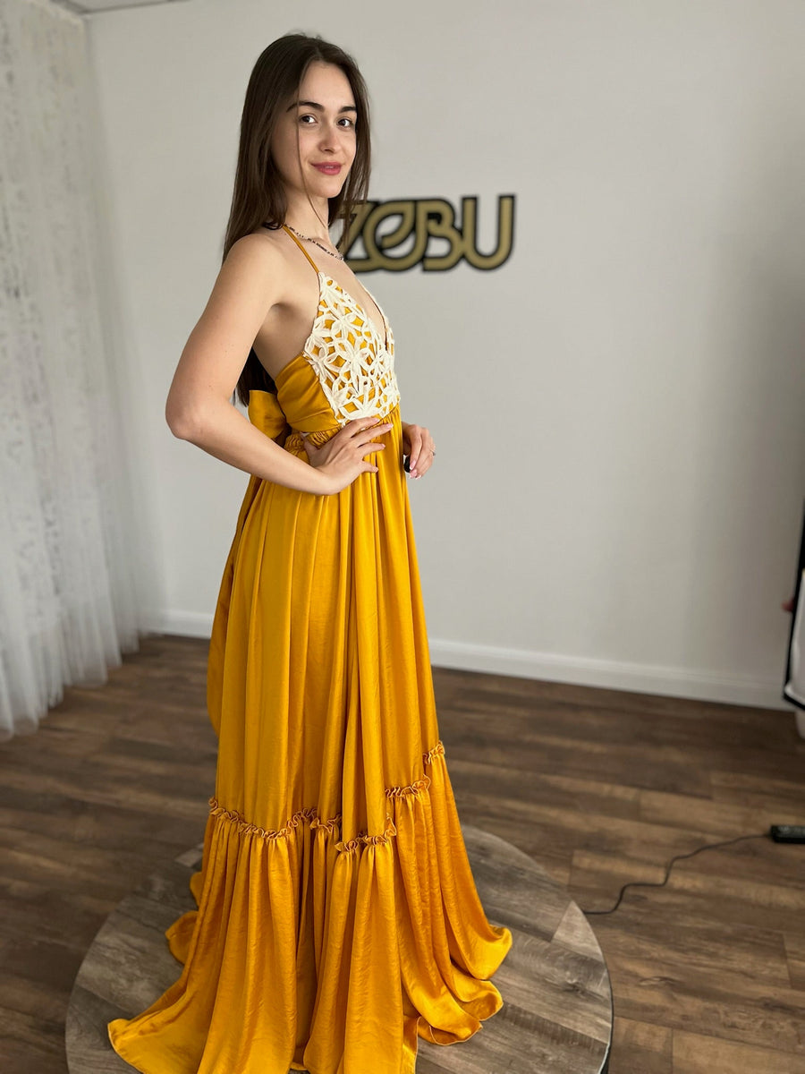 Tracey - Boho Maternity Dress with Unique Embellishment Silk Long Train S-L / Mustard Tracey - Boho Maternity Dress with Unique Embellishment Silk Long Train S-L / Mustard