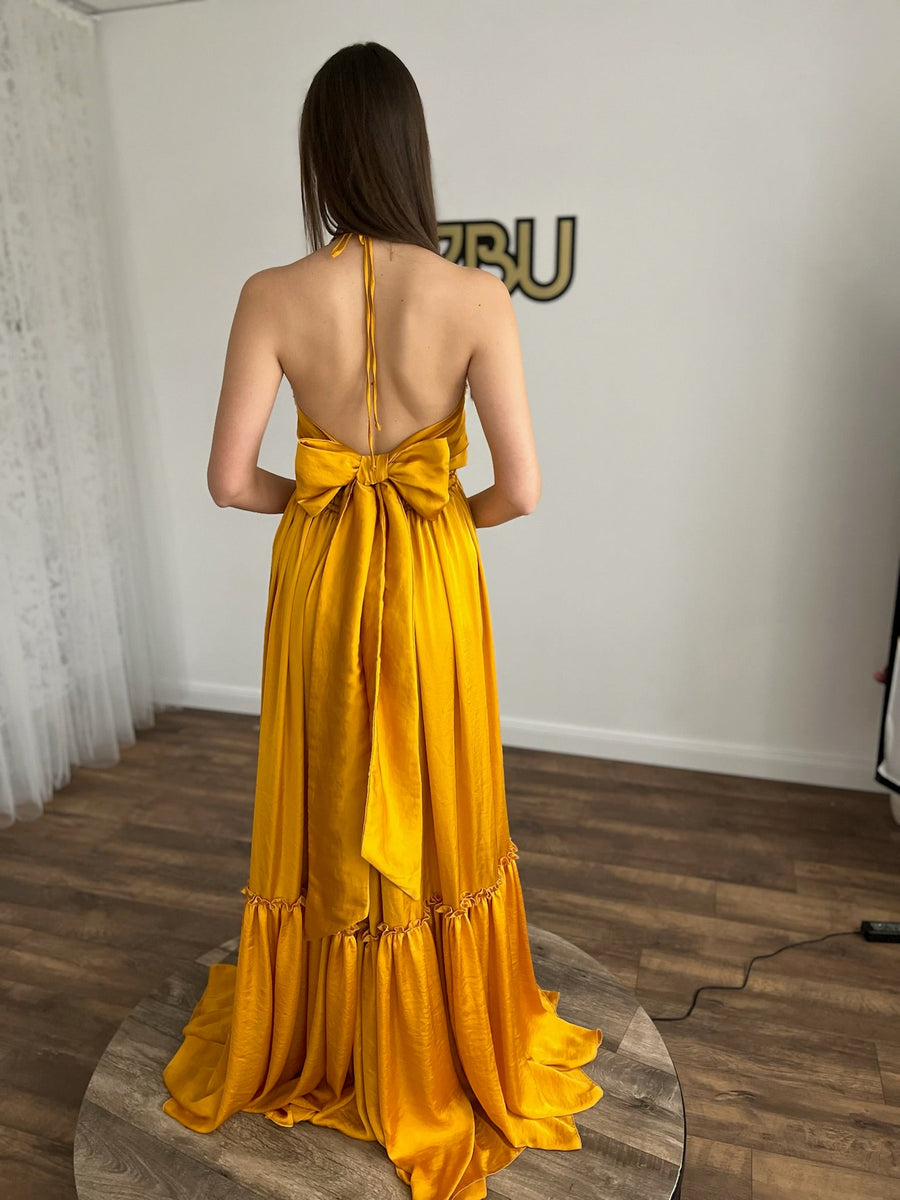 Tracey - Boho Maternity Dress with Unique Embellishment Silk Long Train S-L / Mustard Tracey - Boho Maternity Dress with Unique Embellishment Silk Long Train S-L / Mustard